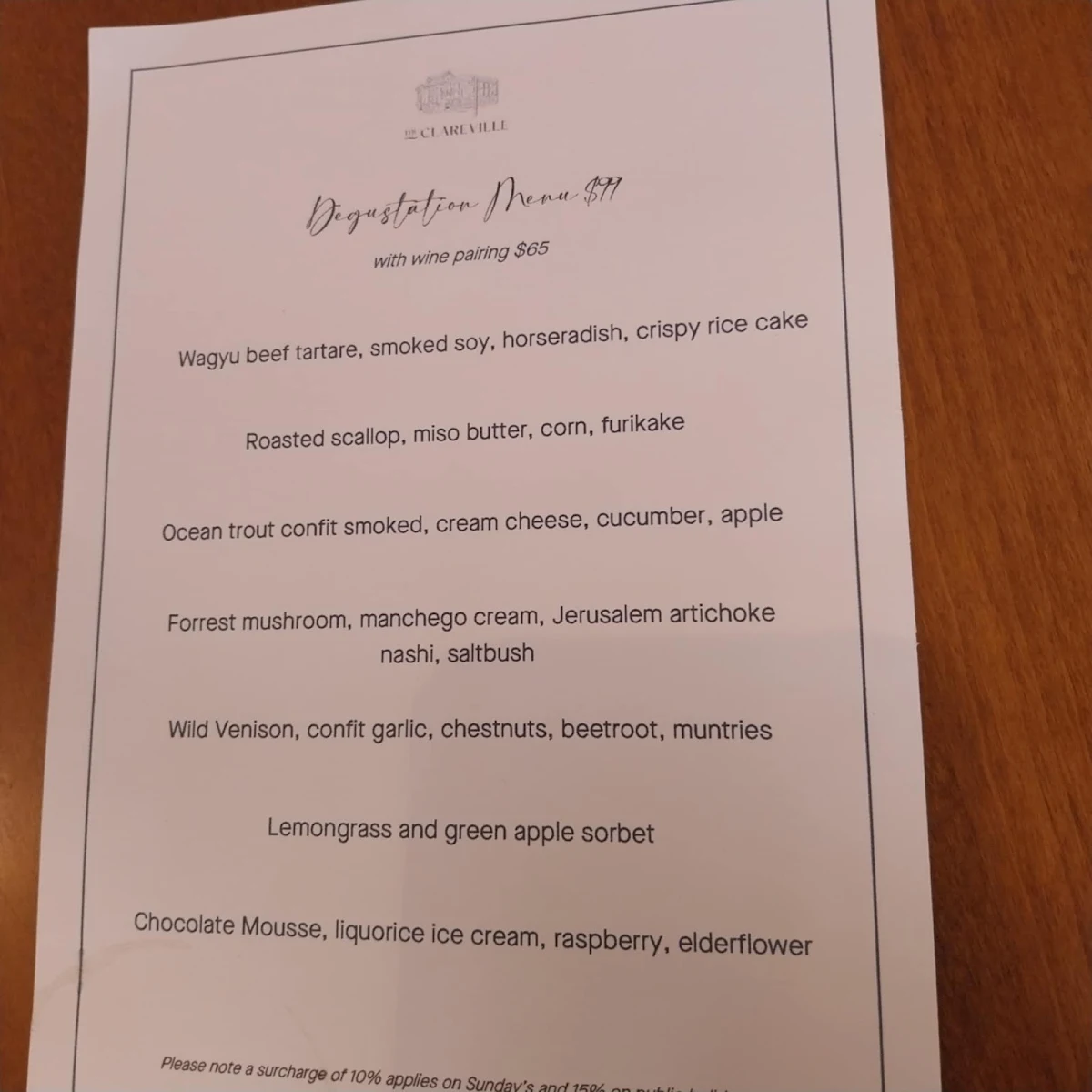 Menu, The Clareville