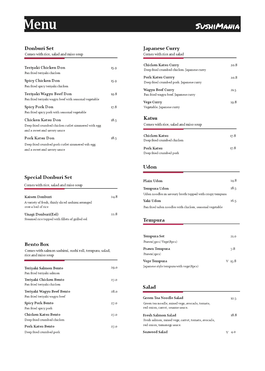 Menu, SUSHIMANIA Restaurant