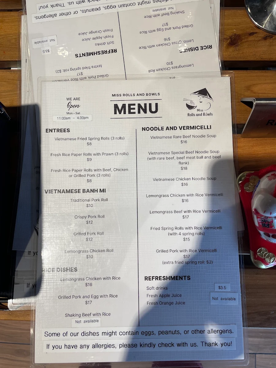 Menu, Miss Rolls and Bowls