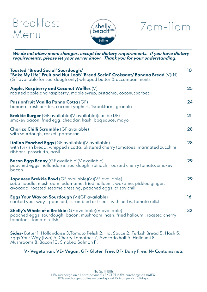 Menu, Shelly Beach Cafe Ballina
