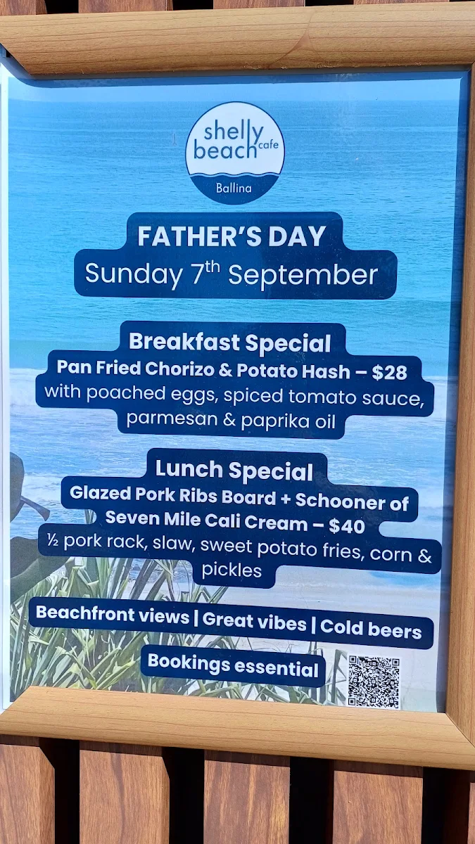 Menu, Shelly Beach Cafe Ballina