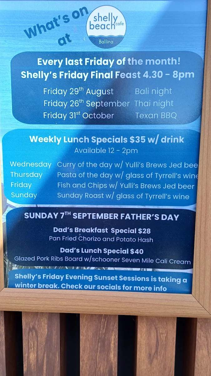 Menu, Shelly Beach Cafe Ballina