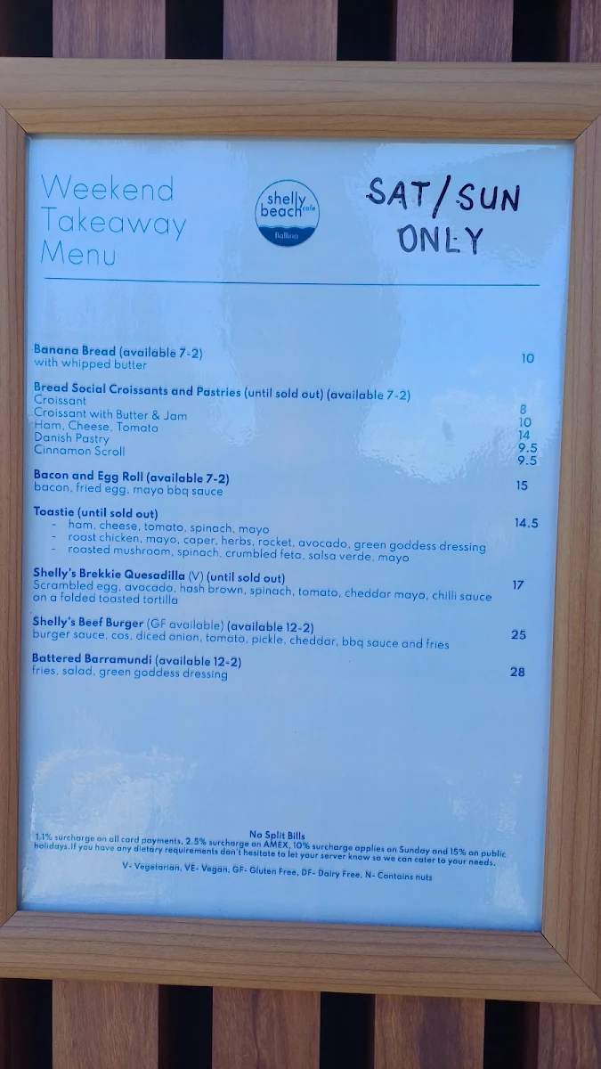 Menu, Shelly Beach Cafe Ballina