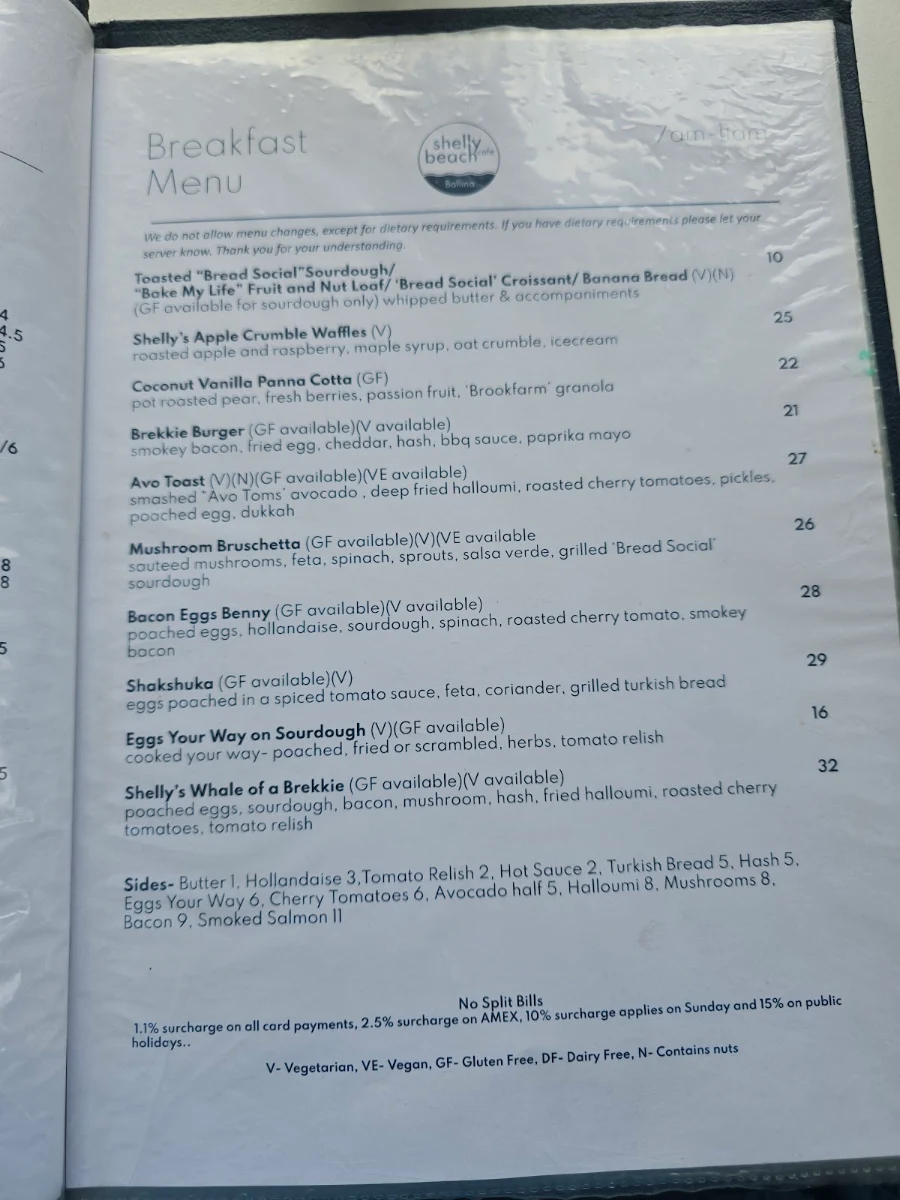 Menu, Shelly Beach Cafe Ballina