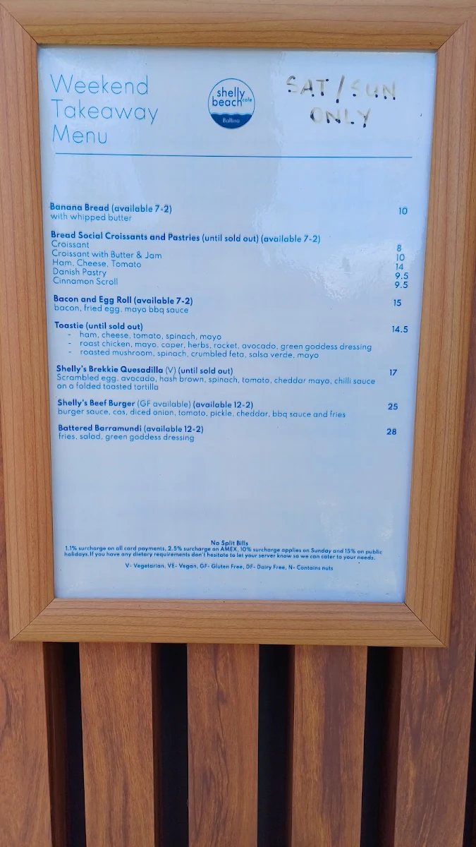 Menu, Shelly Beach Cafe Ballina
