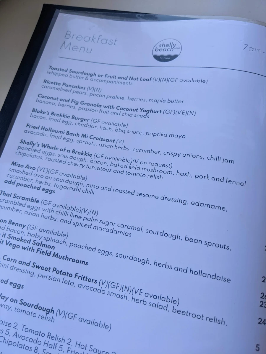 Menu, Shelly Beach Cafe Ballina