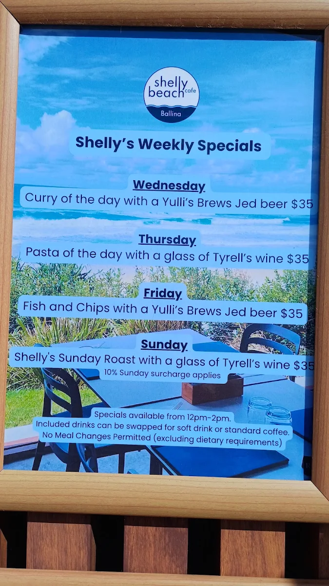 Menu, Shelly Beach Cafe Ballina