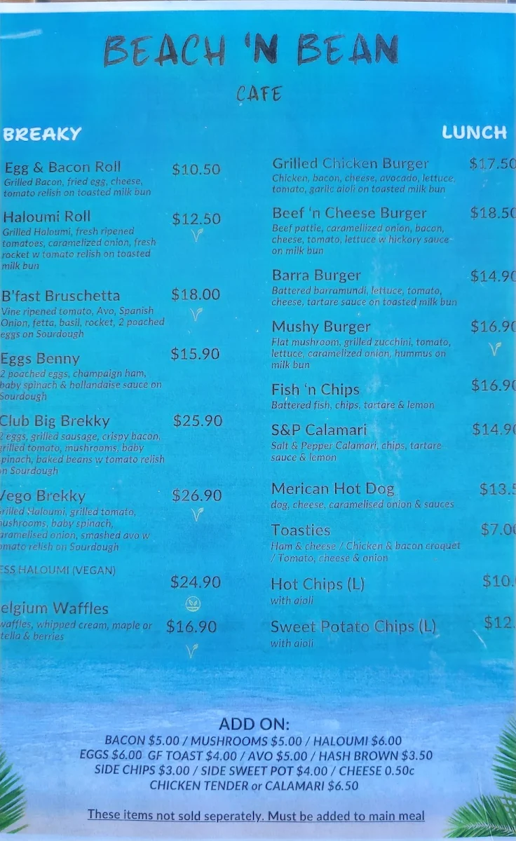 Menu, Beach n bean cafe