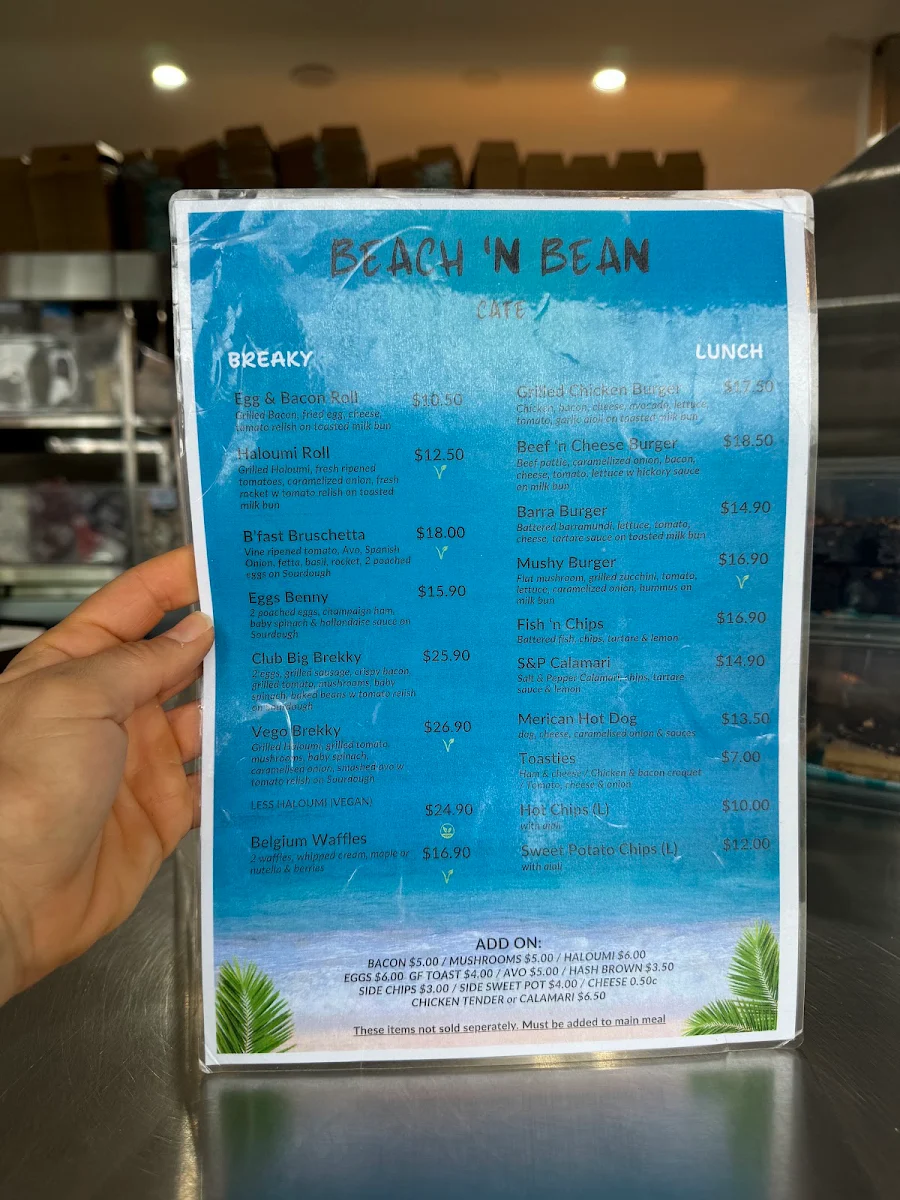 Menu, Beach n bean cafe