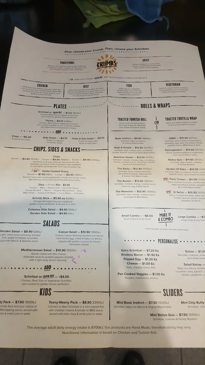 Menu, Schnitz Wagga Wagga