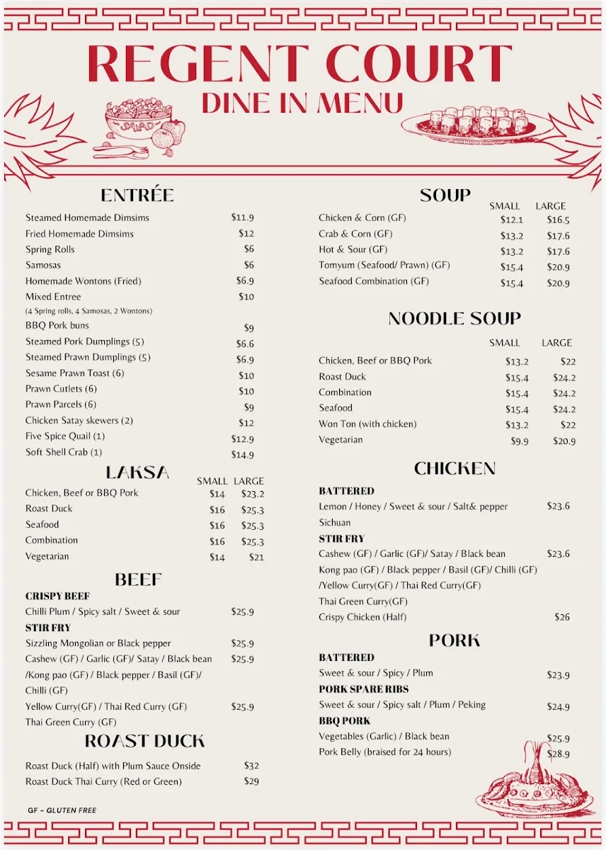 Menu, Regent Court Chinese Restaurant