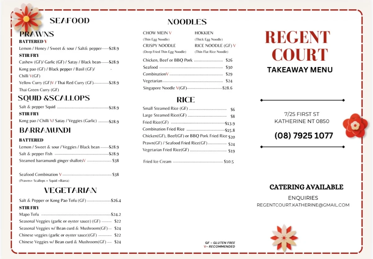 Menu, Regent Court Chinese Restaurant