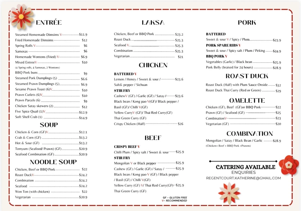 Menu, Regent Court Chinese Restaurant
