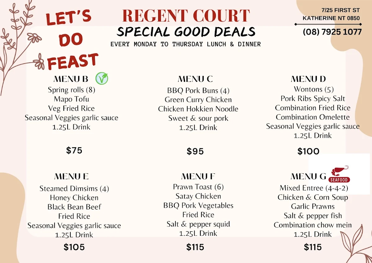 Menu, Regent Court Chinese Restaurant