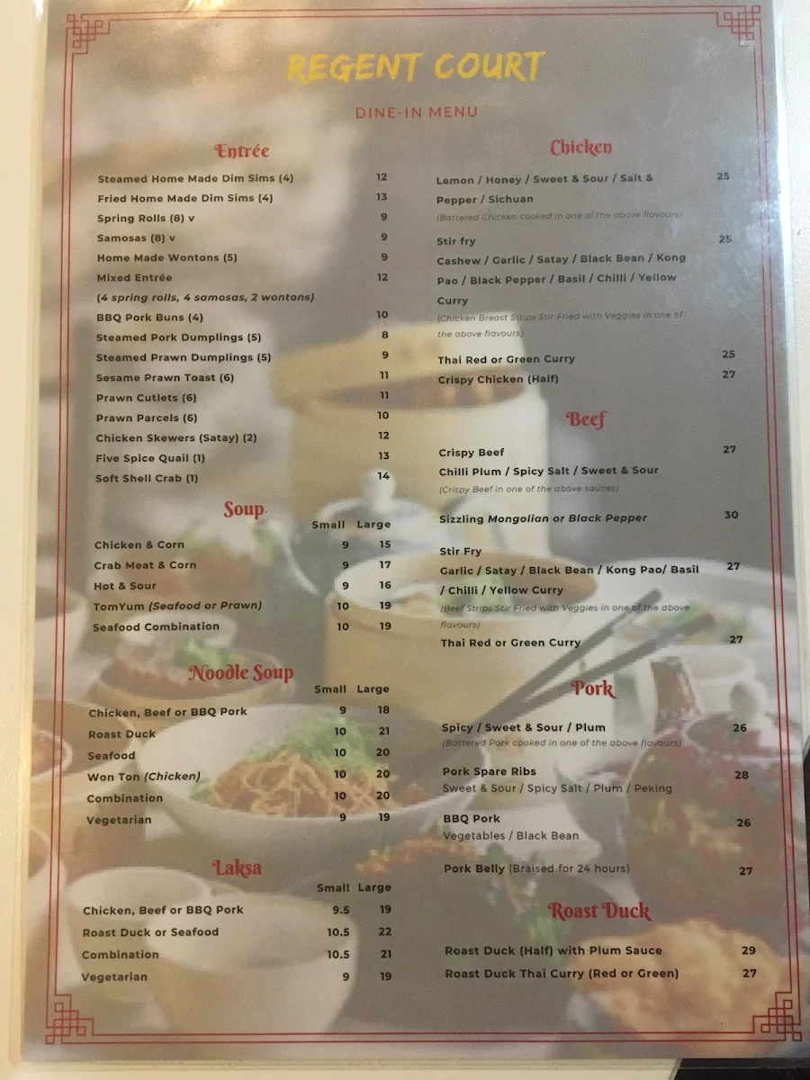 Menu, Regent Court Chinese Restaurant