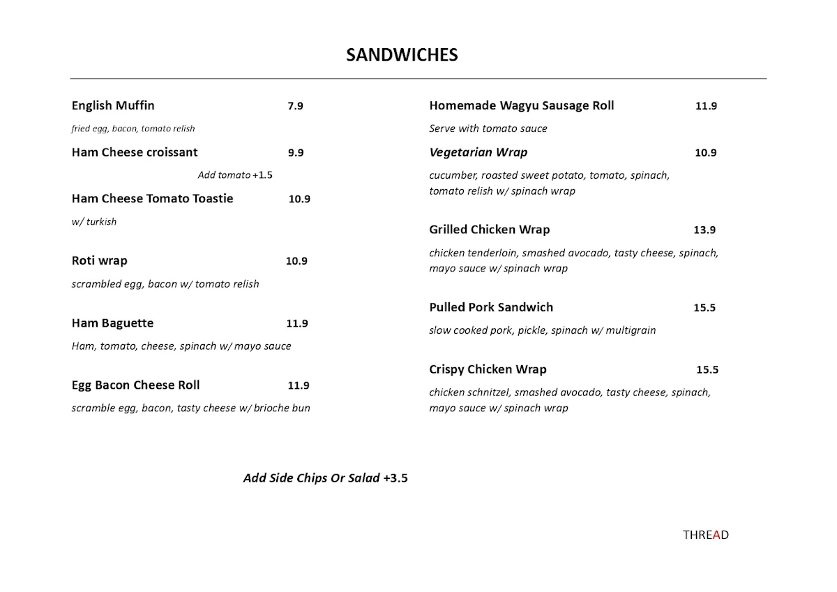 Menu, Thread Cafe