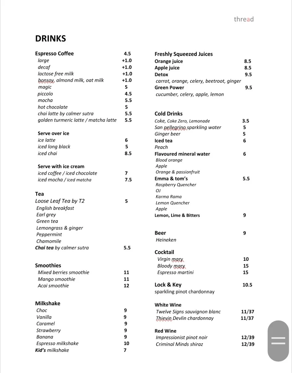 Menu, Thread Cafe