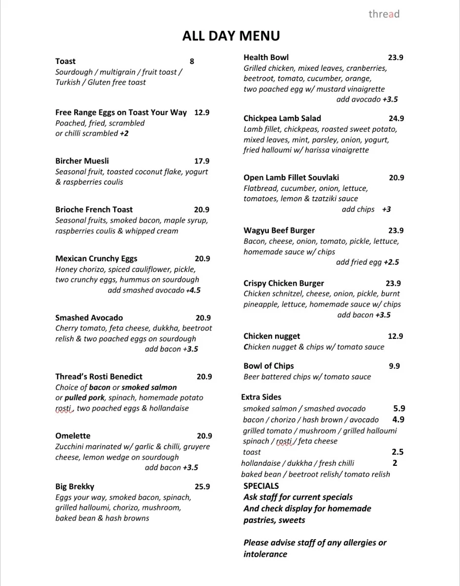 Menu, Thread Cafe