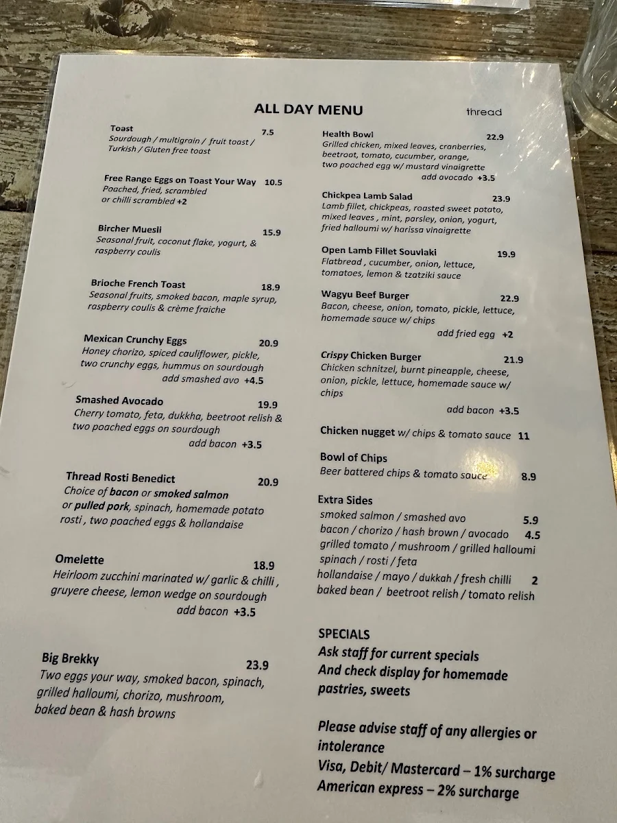 Menu, Thread Cafe