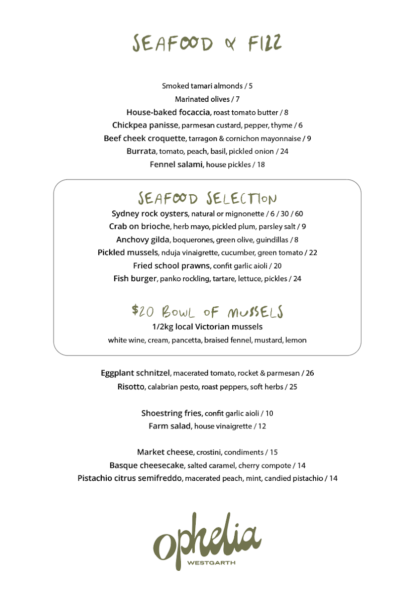 Menu, Ophelia Westgarth