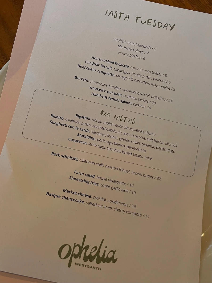 Menu, Ophelia Westgarth