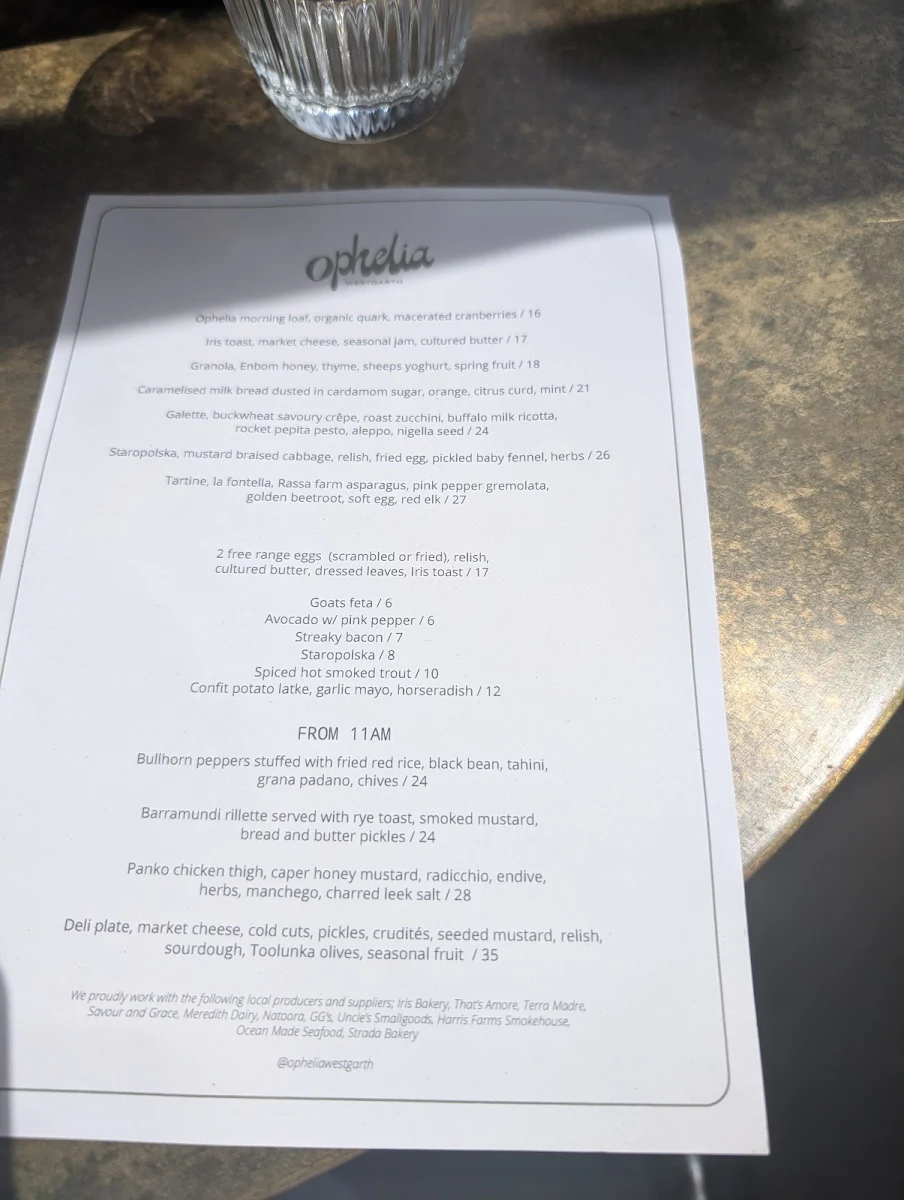Menu, Ophelia Westgarth