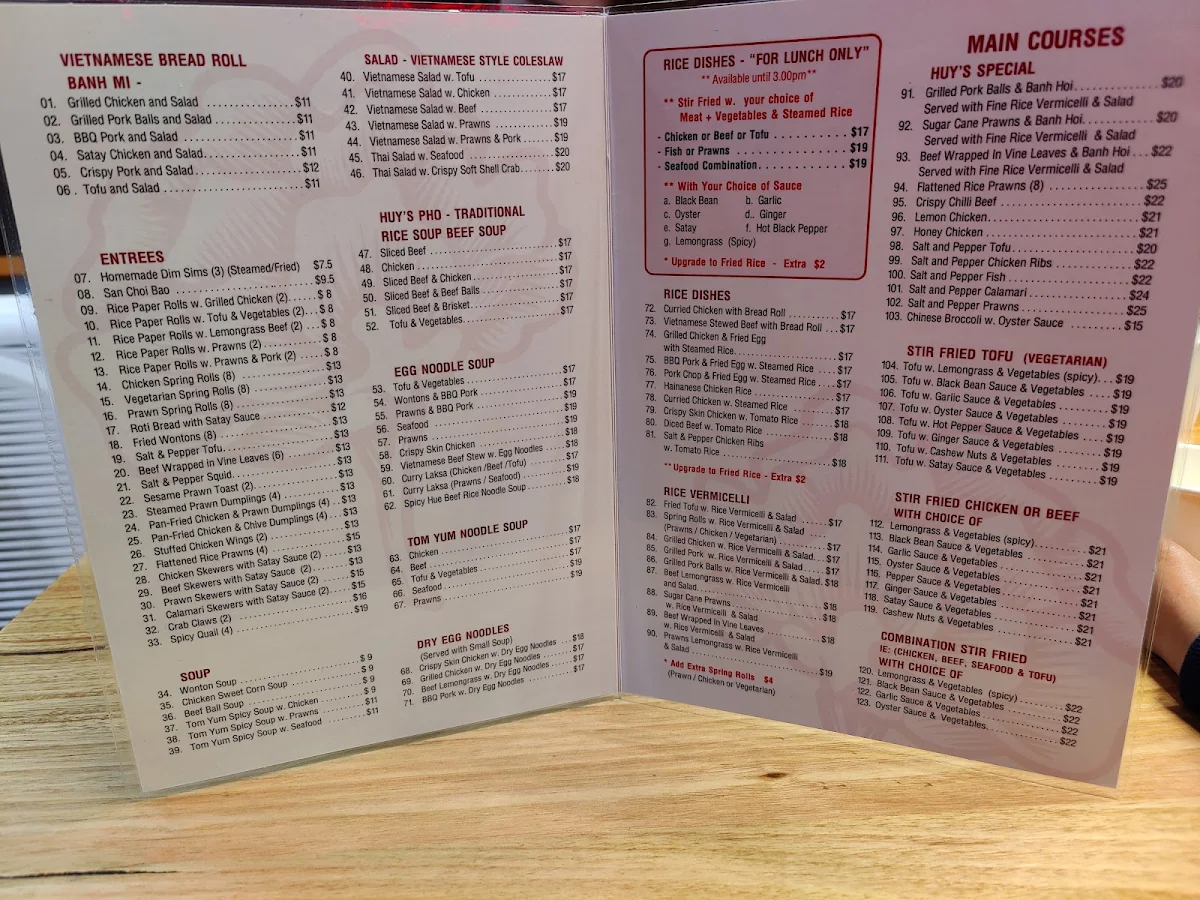 Menu, Huy's Kitchen