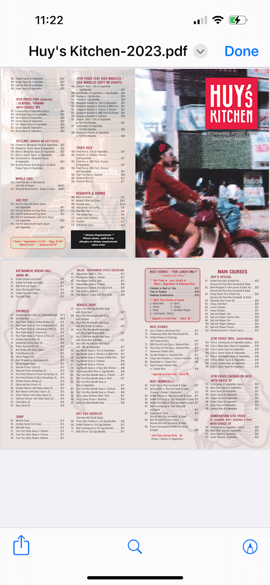 Menu, Huy's Kitchen