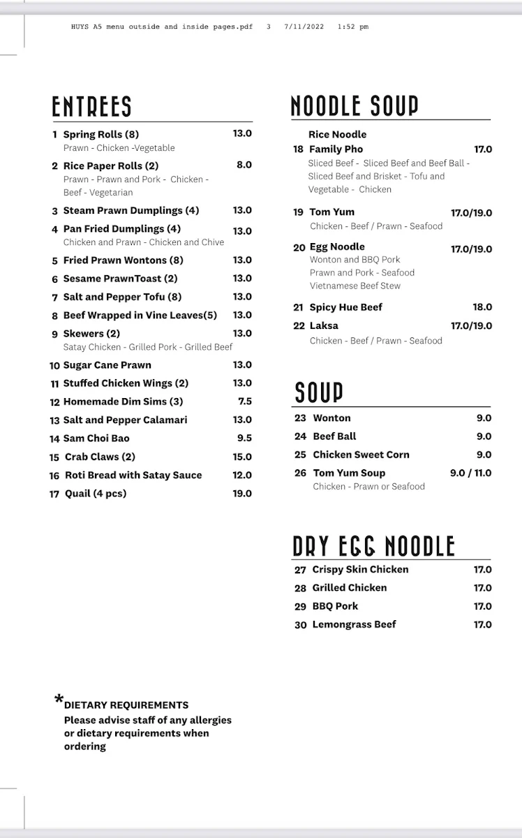 Menu, Huy's Kitchen