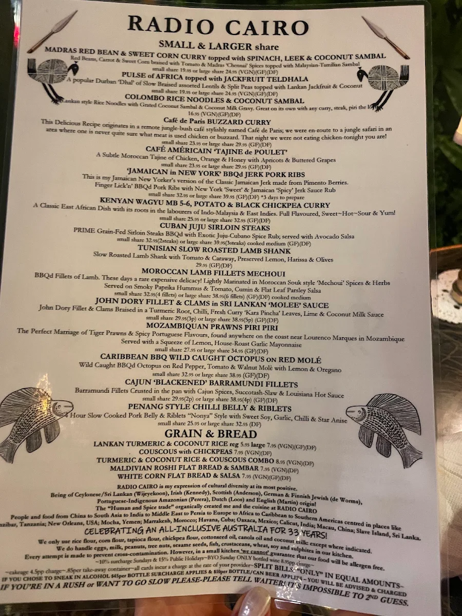 Menu, Radio Cairo Restaurant