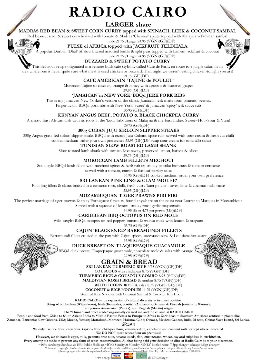 Menu, Radio Cairo Restaurant