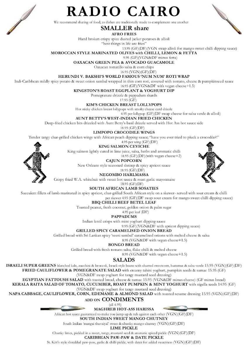 Menu, Radio Cairo Restaurant