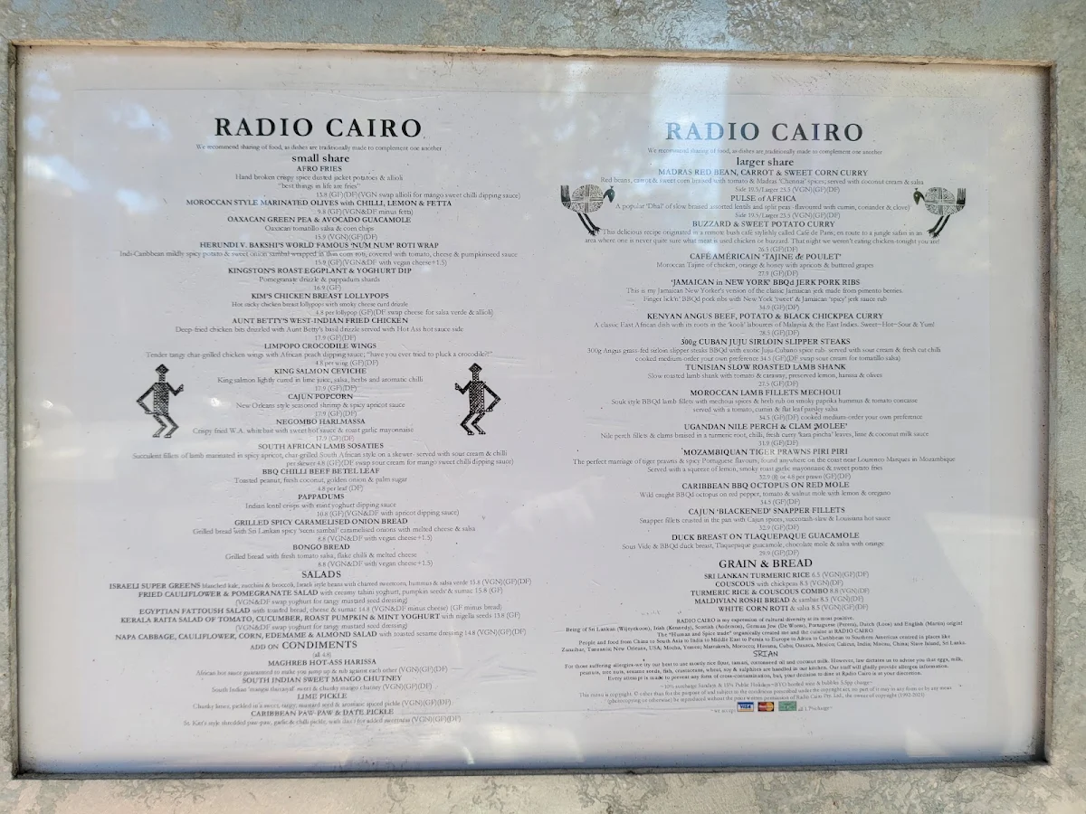 Menu, Radio Cairo Restaurant