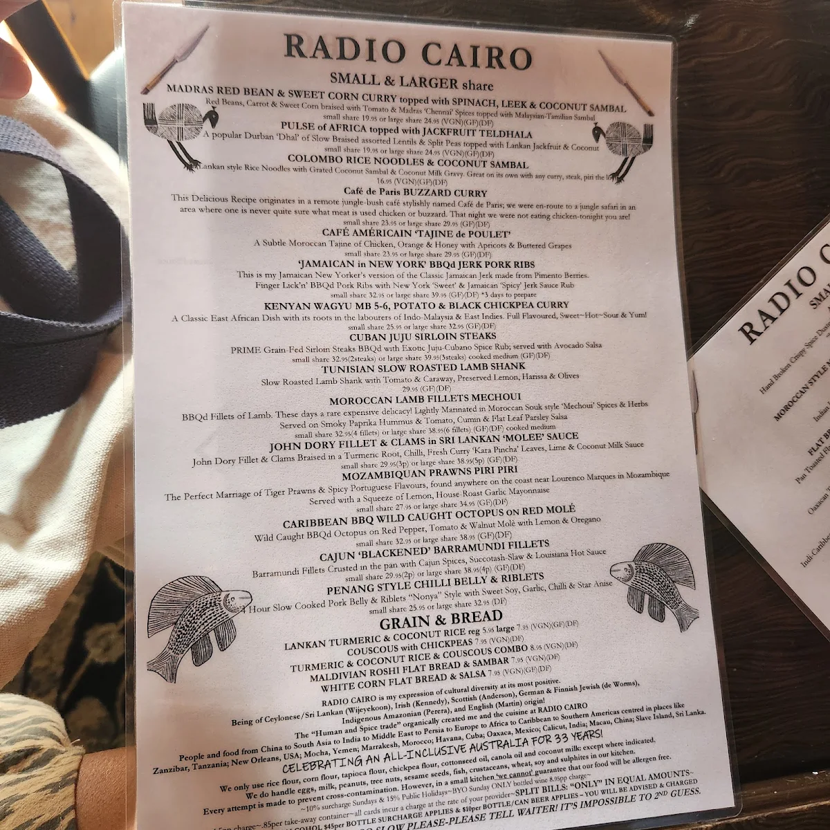 Menu, Radio Cairo Restaurant
