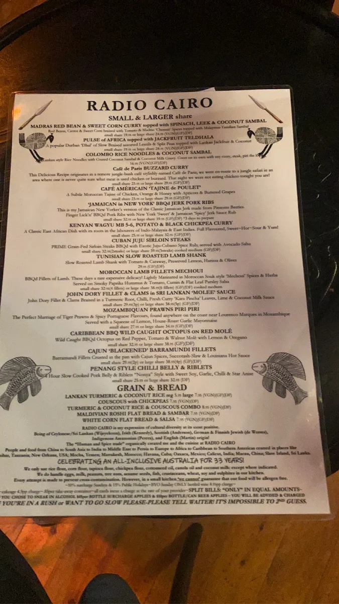 Menu, Radio Cairo Restaurant