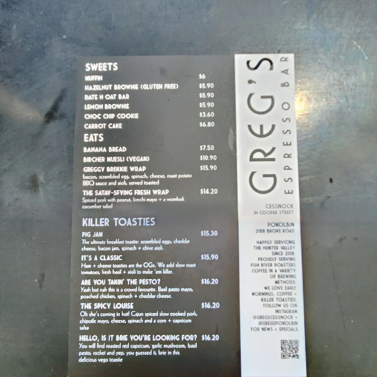 Menu, Greg’s Espresso Bar, Pokolbin