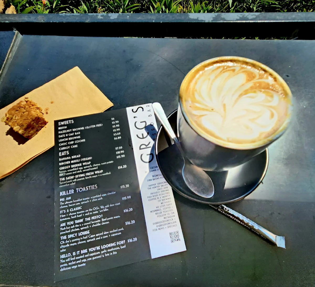 Menu, Greg’s Espresso Bar, Pokolbin