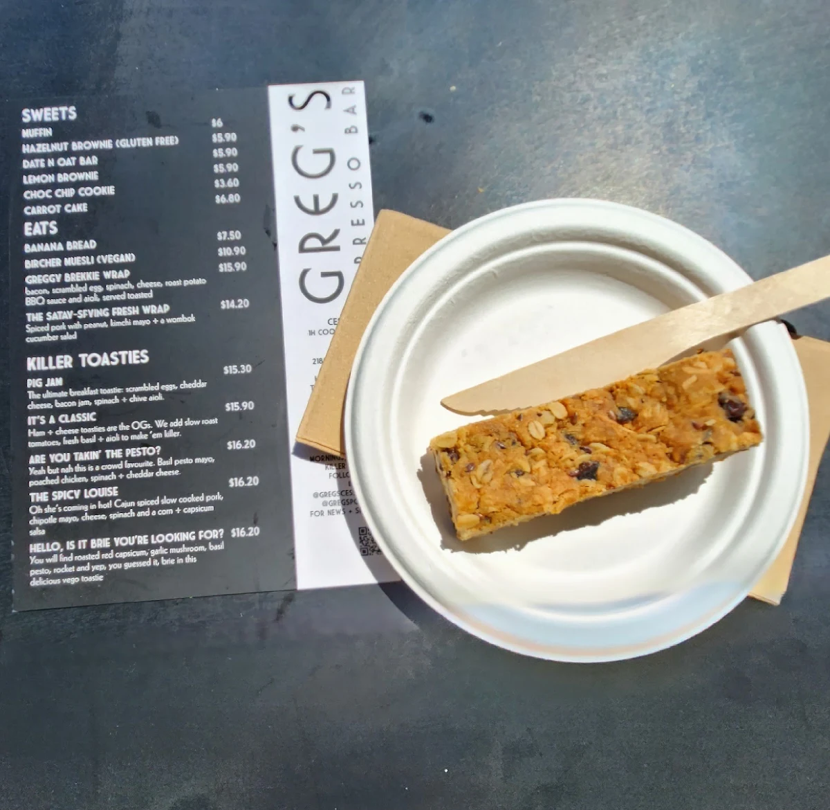 Menu, Greg’s Espresso Bar, Pokolbin