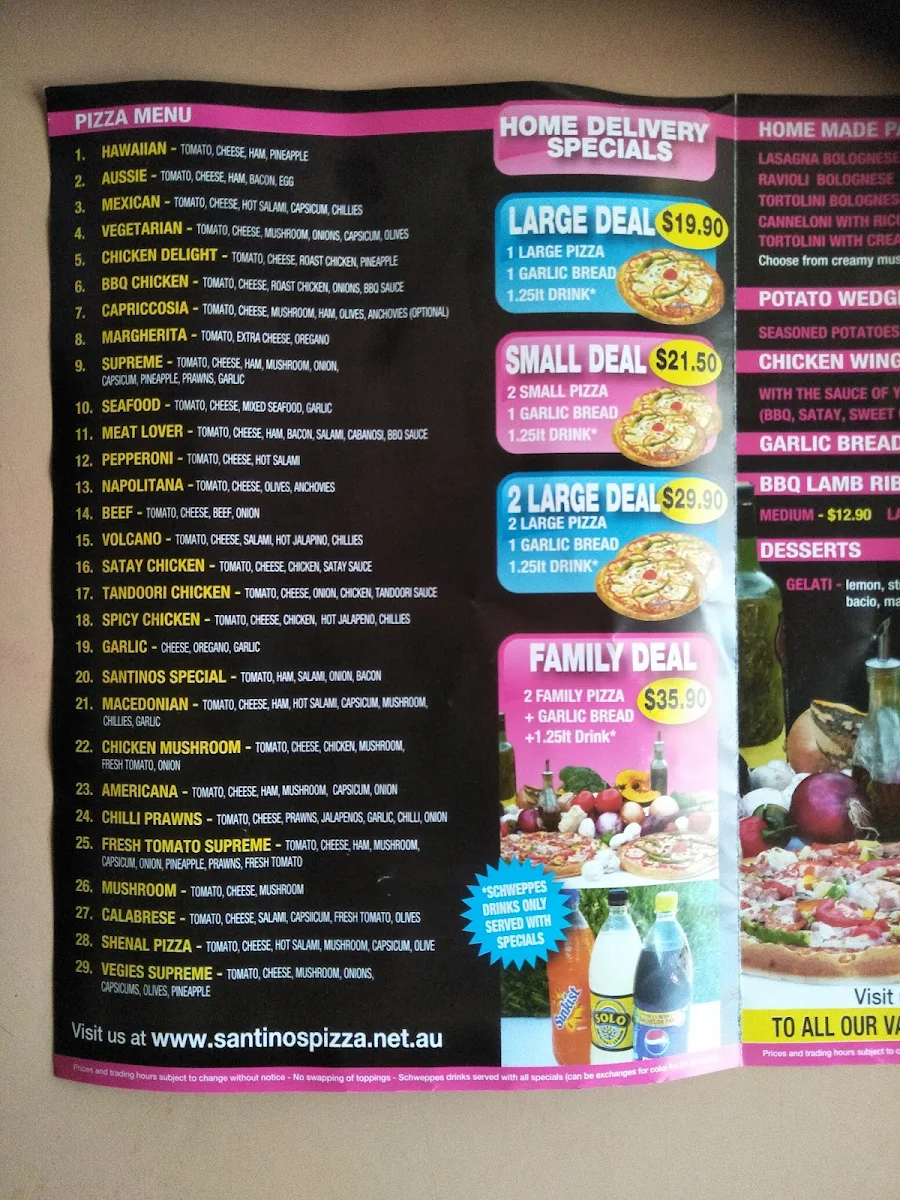 Menu, Santino's Pizza Pasta