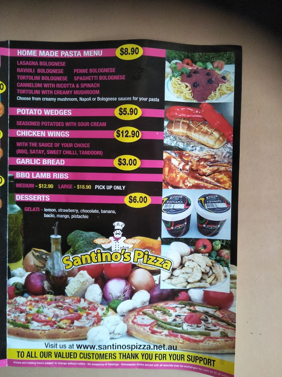 Menu, Santino's Pizza Pasta