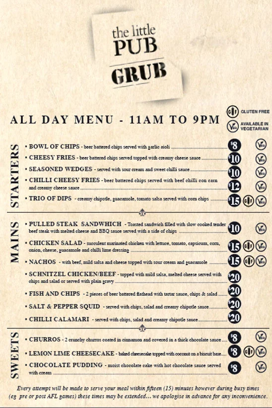 Menu, The Little Pub