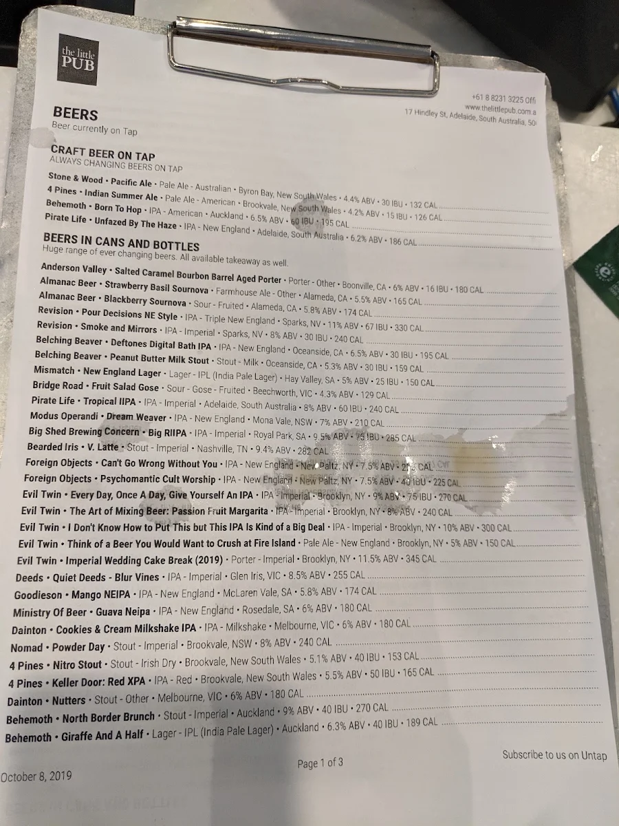 Menu, The Little Pub