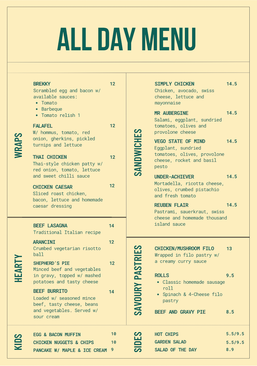 Menu, Mick's at Sweet by Nature
