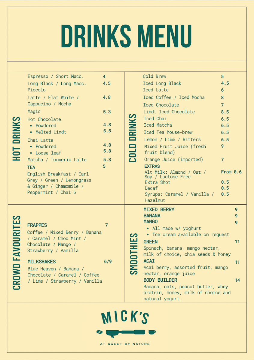 Menu, Mick's at Sweet by Nature