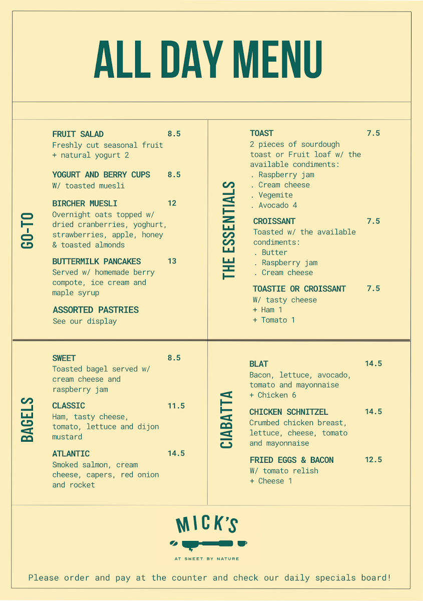 Menu, Mick's at Sweet by Nature