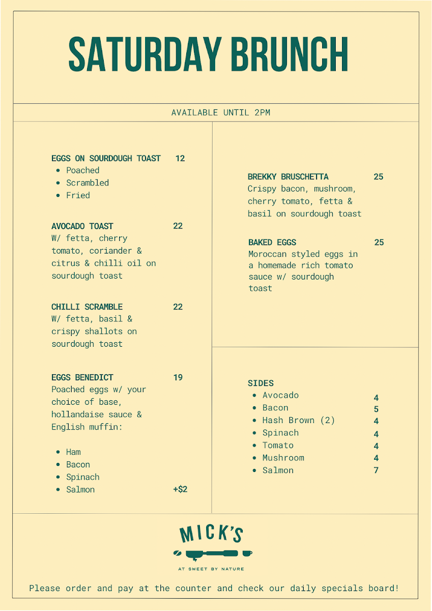 Menu, Mick's at Sweet by Nature
