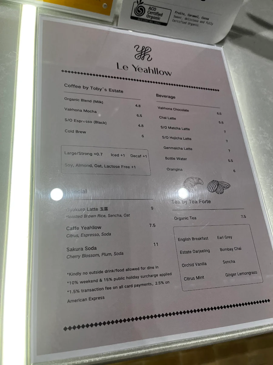 Menu, Le Yeahllow - Cake Shop Little Collins St