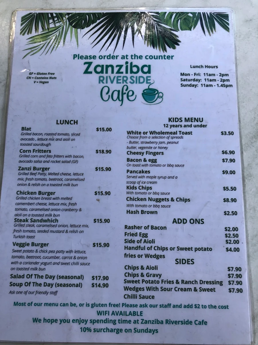 Menu, Zanziba Riverside Cafe