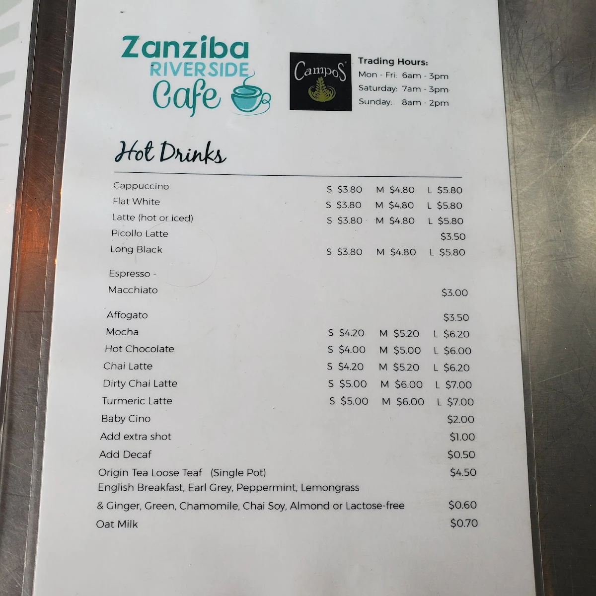 Menu, Zanziba Riverside Cafe