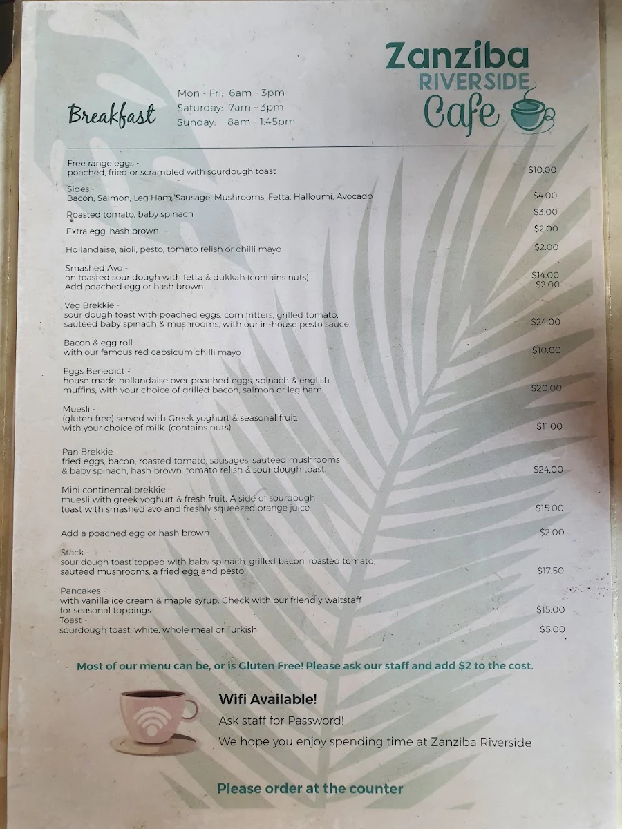Menu, Zanziba Riverside Cafe